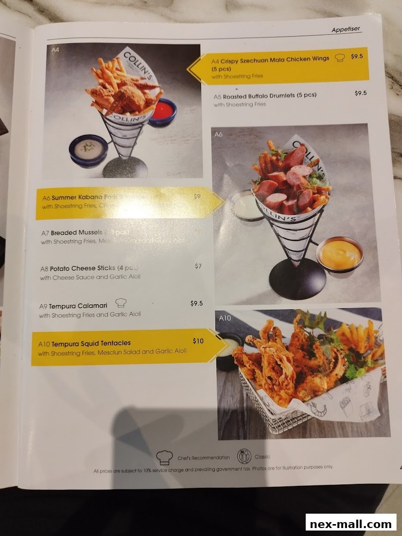 A menu page from COLLIN'S featuring various appetizers like chicken wings, drumlets, calamari, and squid tentacles.