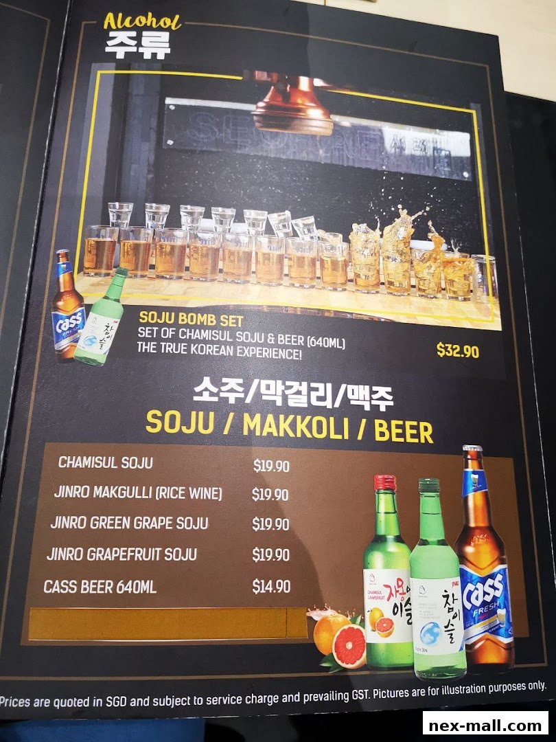 A menu featuring Korean alcoholic beverages including soju, makgeolli, and beer.