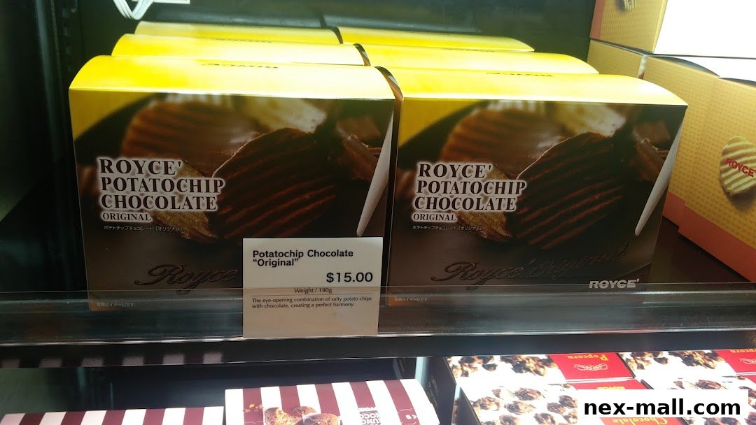 Boxes of Royce Potatochip Chocolate Original flavor displayed on a shelf.