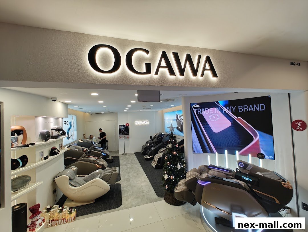 OGAWA NEX store interior showcasing massage chairs and wellness products.