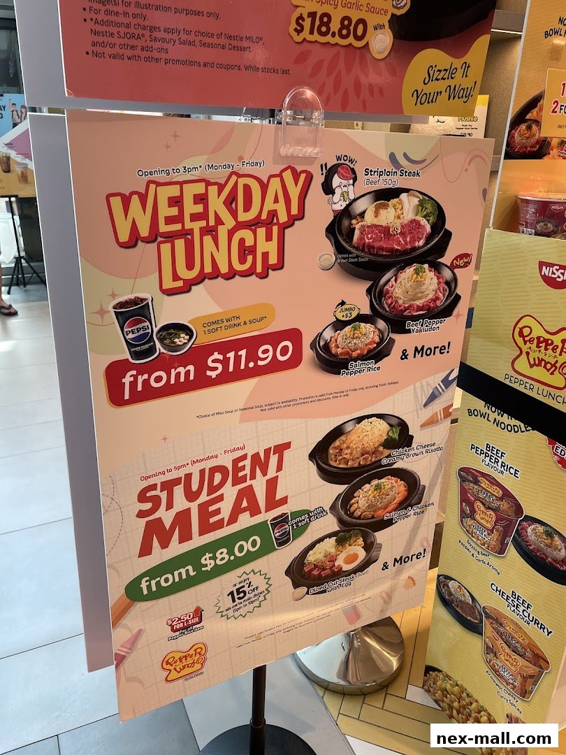 A promotional sign for Pepper Lunch featuring Weekday Lunch and Student Meal deals.