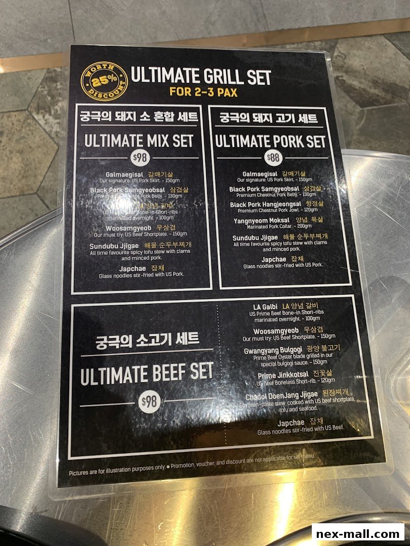 A menu for Korean grill sets featuring pork and beef options with prices.