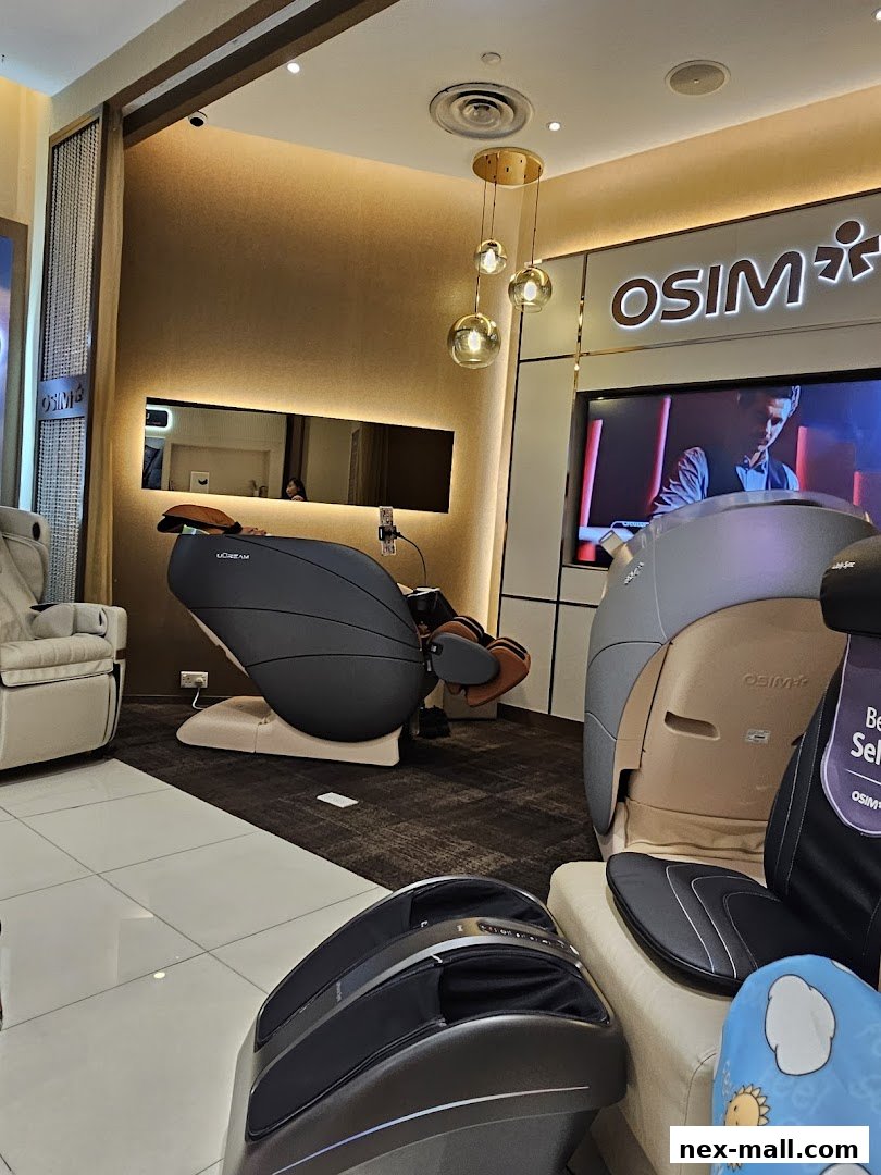 Interior view of an OSIM Nex store showcasing various massage chairs and foot massagers.