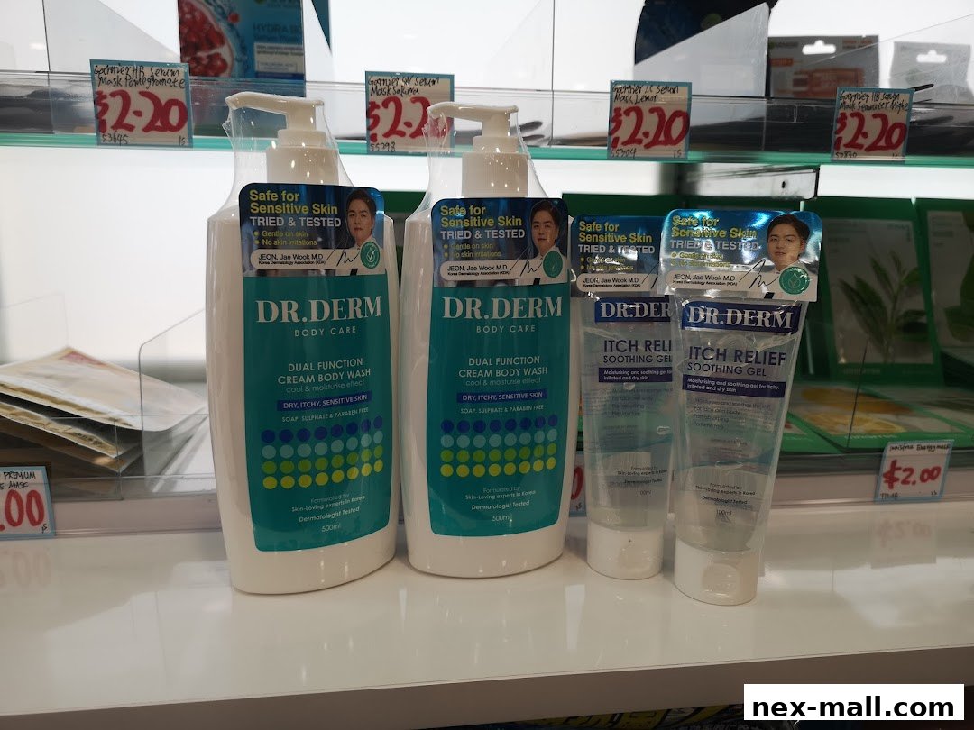 A display of Dr. Derm skincare products, including body wash and soothing gel, on a store shelf.