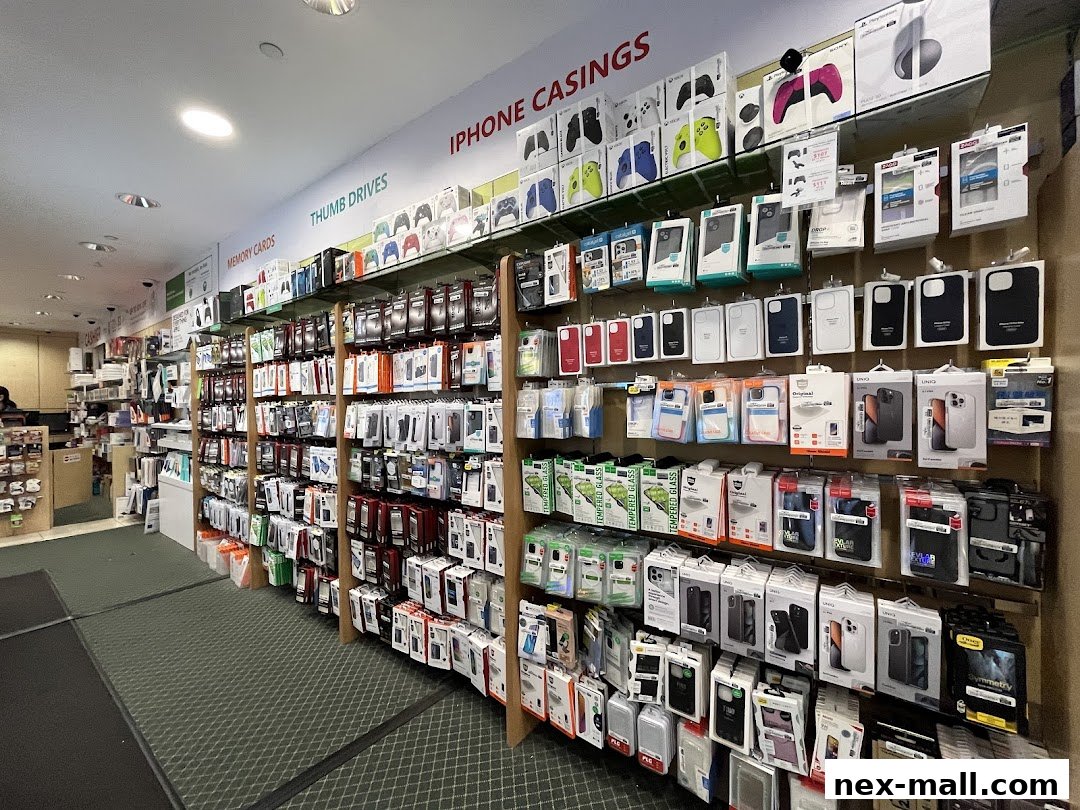 A wide selection of phone cases and accessories displayed on shelves in a retail store.