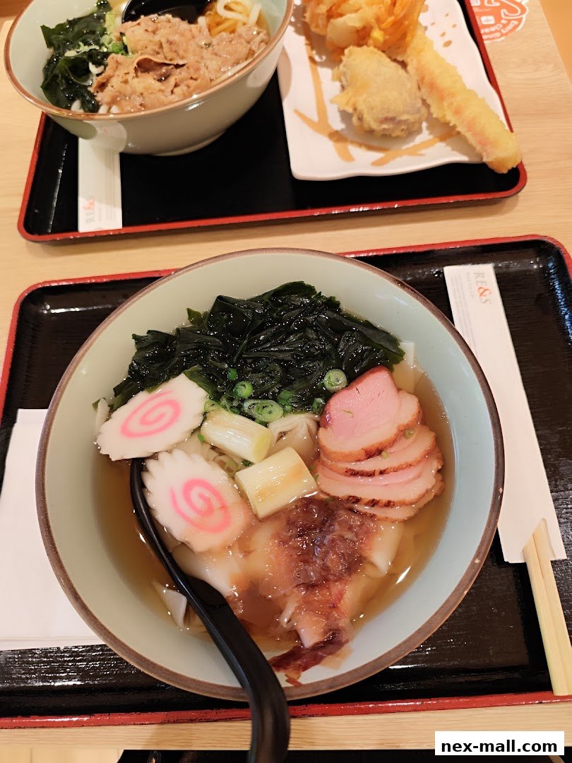 Two bowls of udon noodles with various toppings and a side of tempura.