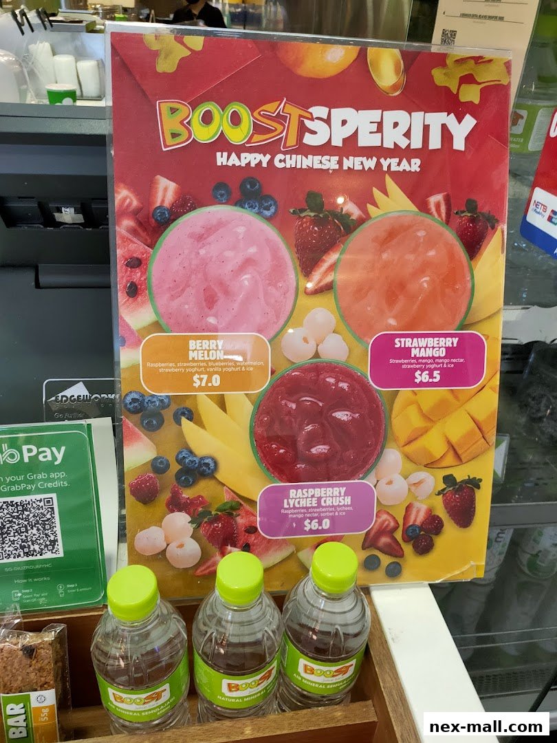 A menu board for Boost Juice featuring three fruit-based drinks for Chinese New Year.