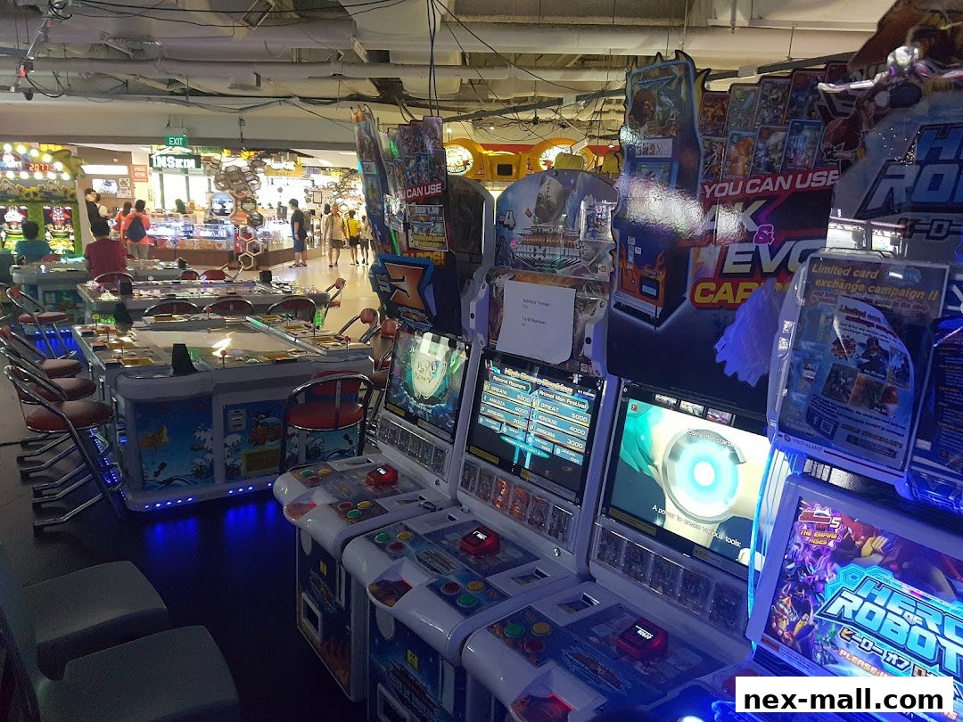 Interior view of an arcade with multiple gaming machines and people in the background.