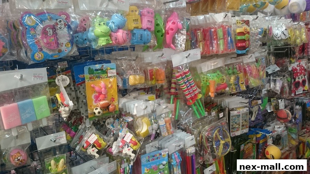 A wall display filled with various colorful toys and stationery items, neatly packaged.
