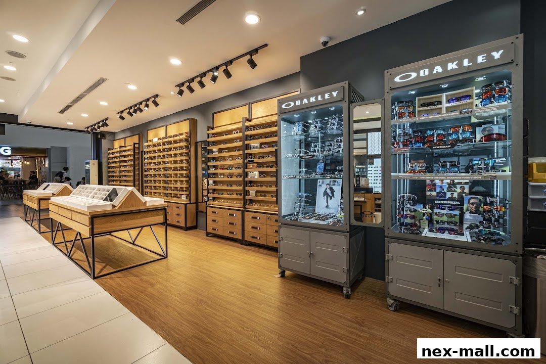 Interior of an optical shop showcasing a wide selection of sunglasses and eyewear.
