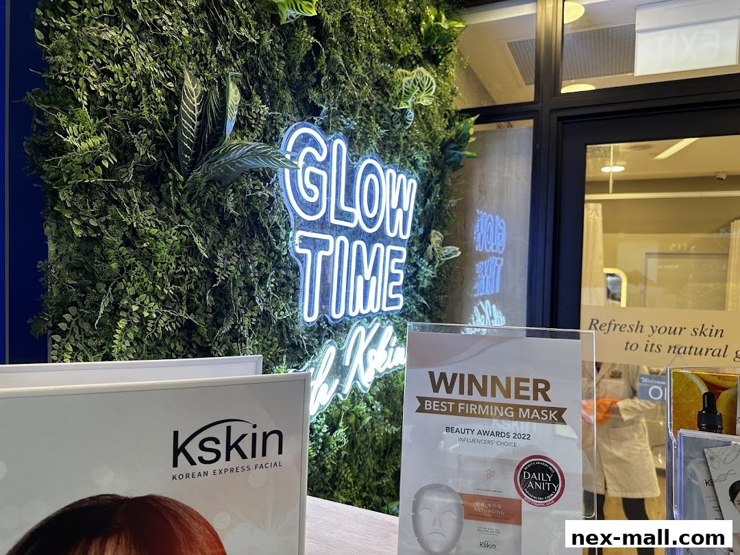 Kskin Korean Express Facial shop front with a green wall and neon sign.