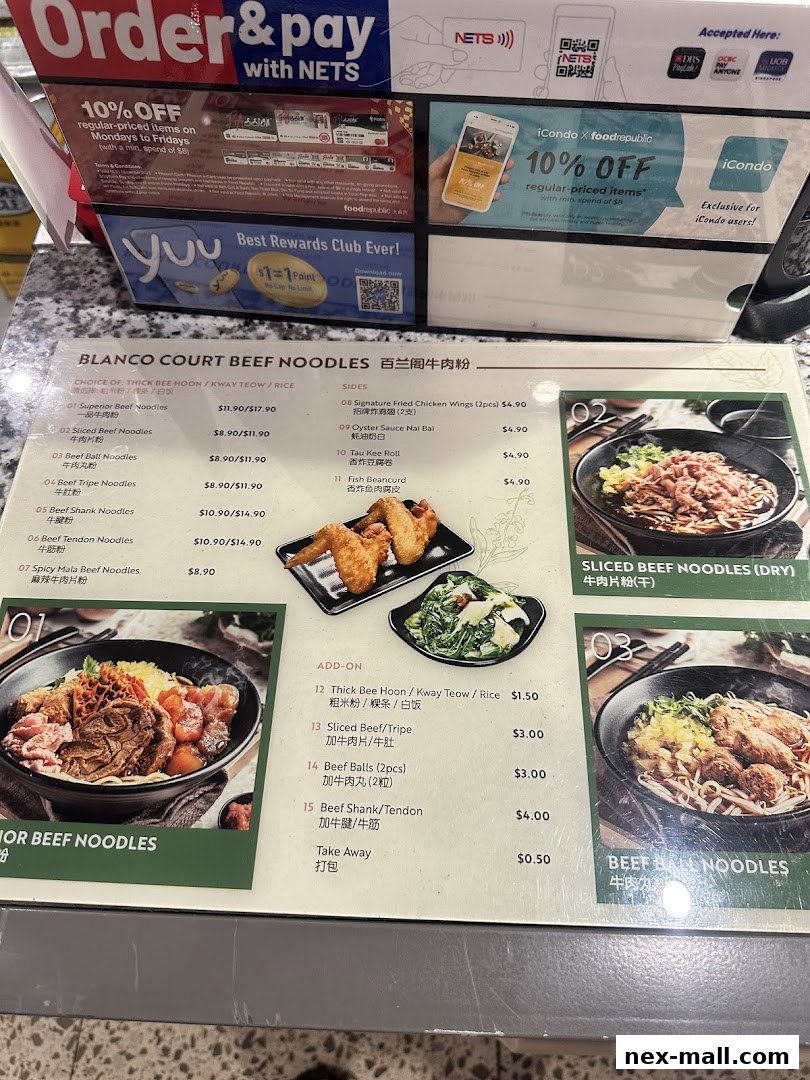A menu for Blanco Court Beef Noodles with various noodle dishes and sides.