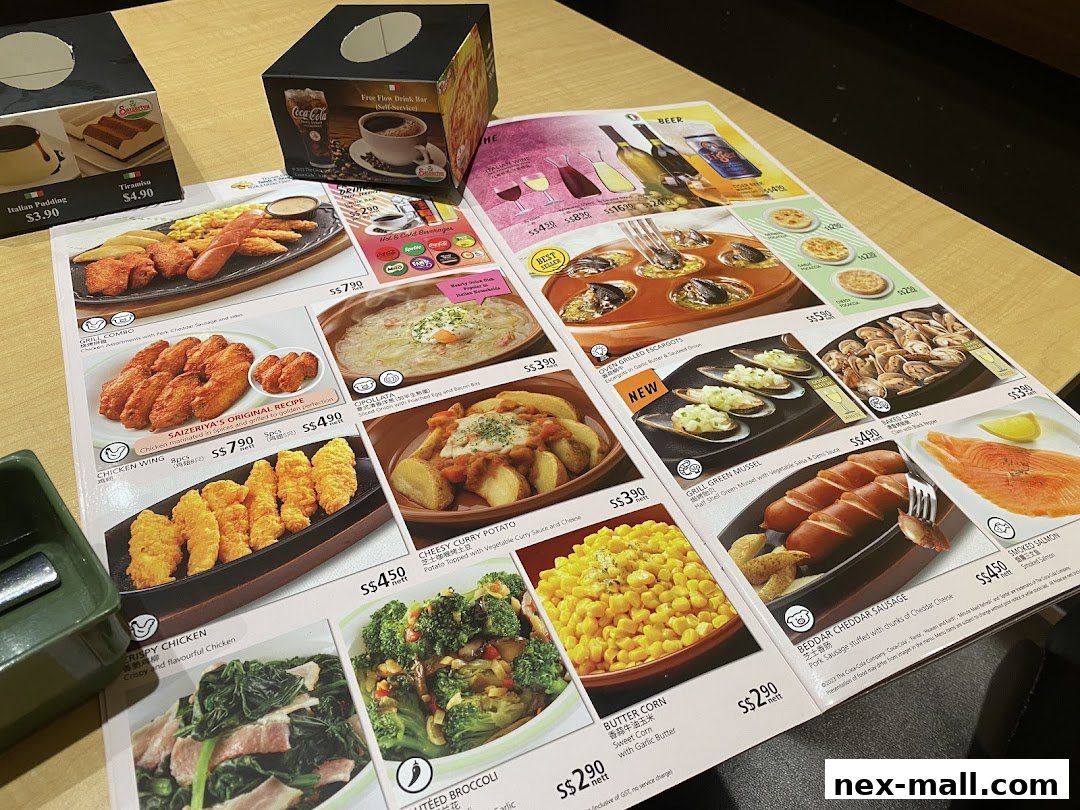 A menu from Saizeriya featuring various dishes like chicken wings, escargots, mussels, and sausages.