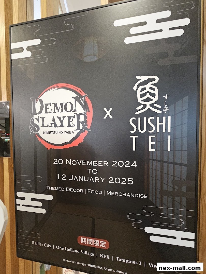 Poster announcing a Demon Slayer collaboration with Sushi Tei, featuring themed decor, food, and merchandise.
