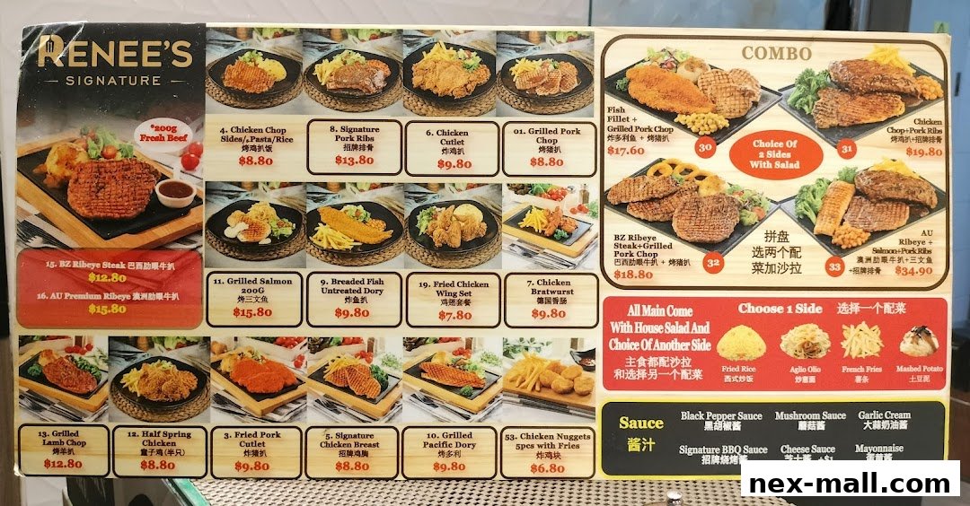 A menu board displaying various grilled meats, fish, and chicken dishes with prices.