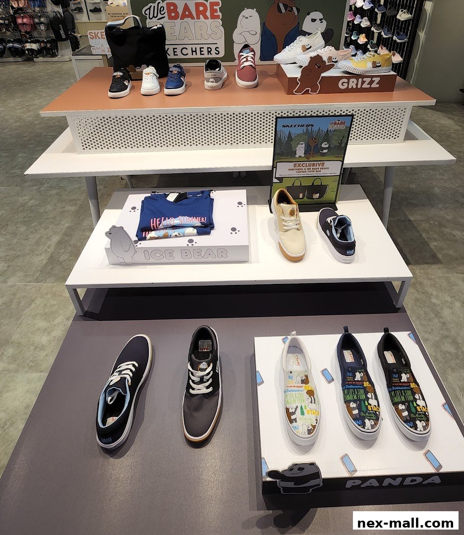 Skechers store display featuring 'We Bare Bears' themed footwear and apparel.