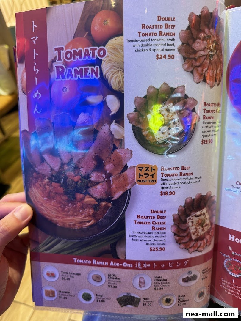 A menu showcasing various tomato ramen dishes with beef and add-on options.