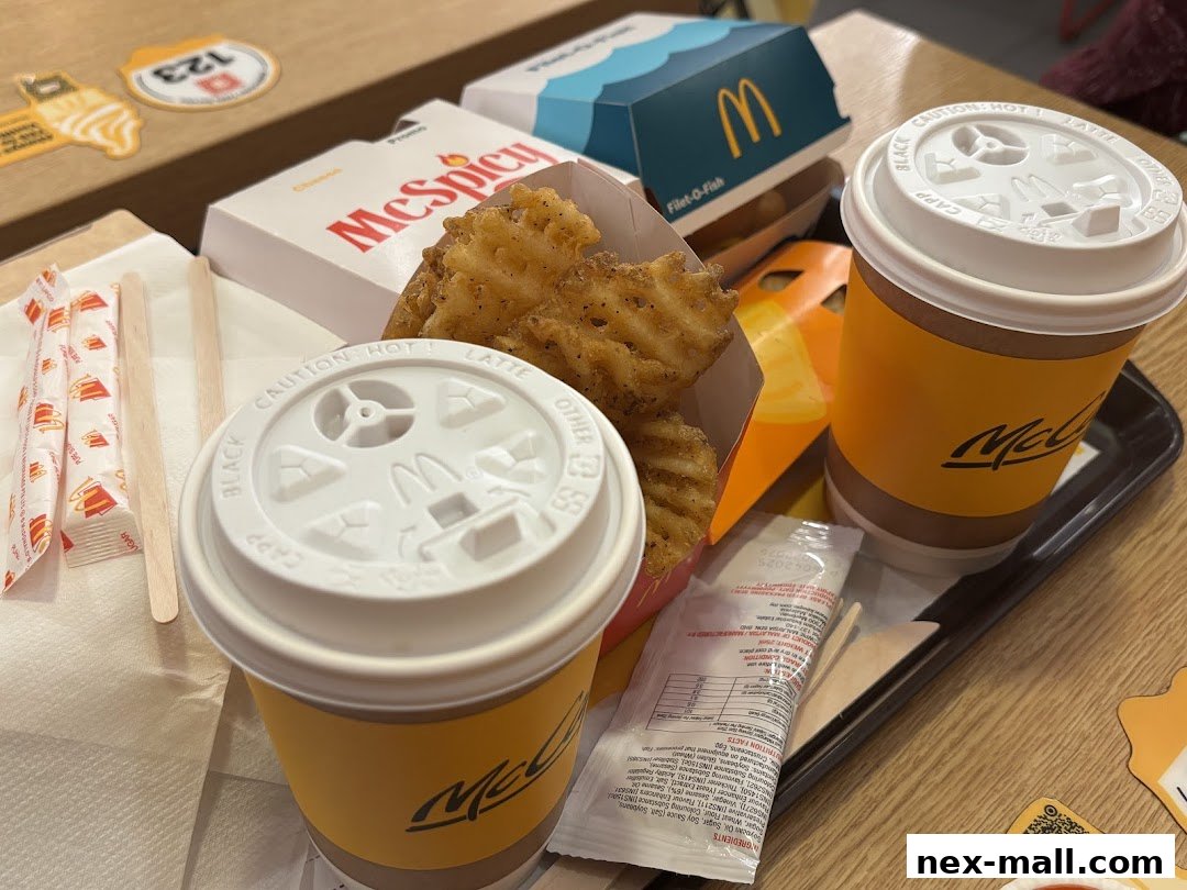 A tray of McDonald's food and drinks, including McSpicy fries and two coffees.