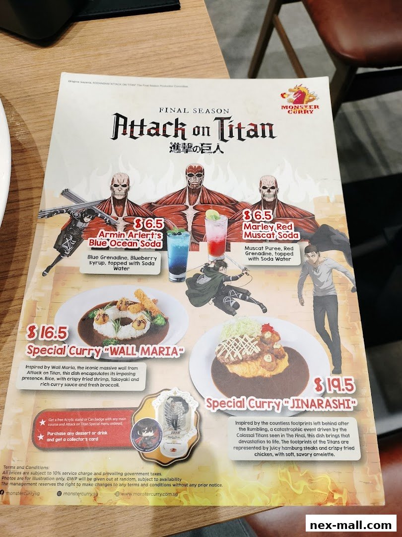 A menu featuring Attack on Titan themed dishes and drinks from Monster Curry.