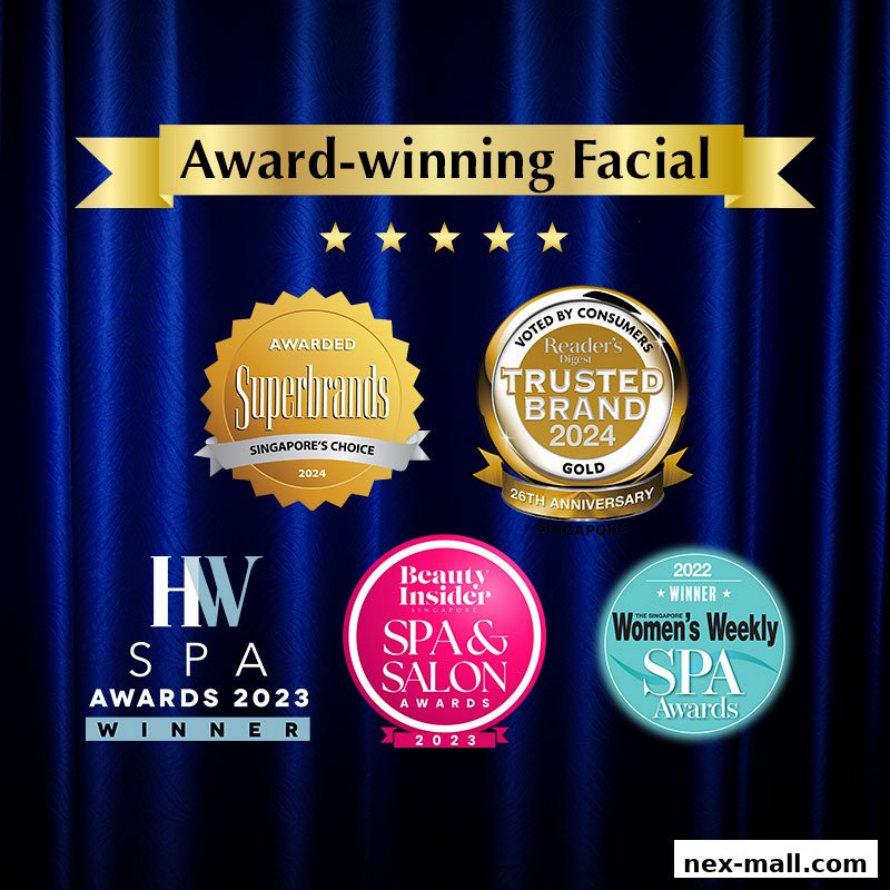 Collage of awards and accolades for an award-winning facial treatment.