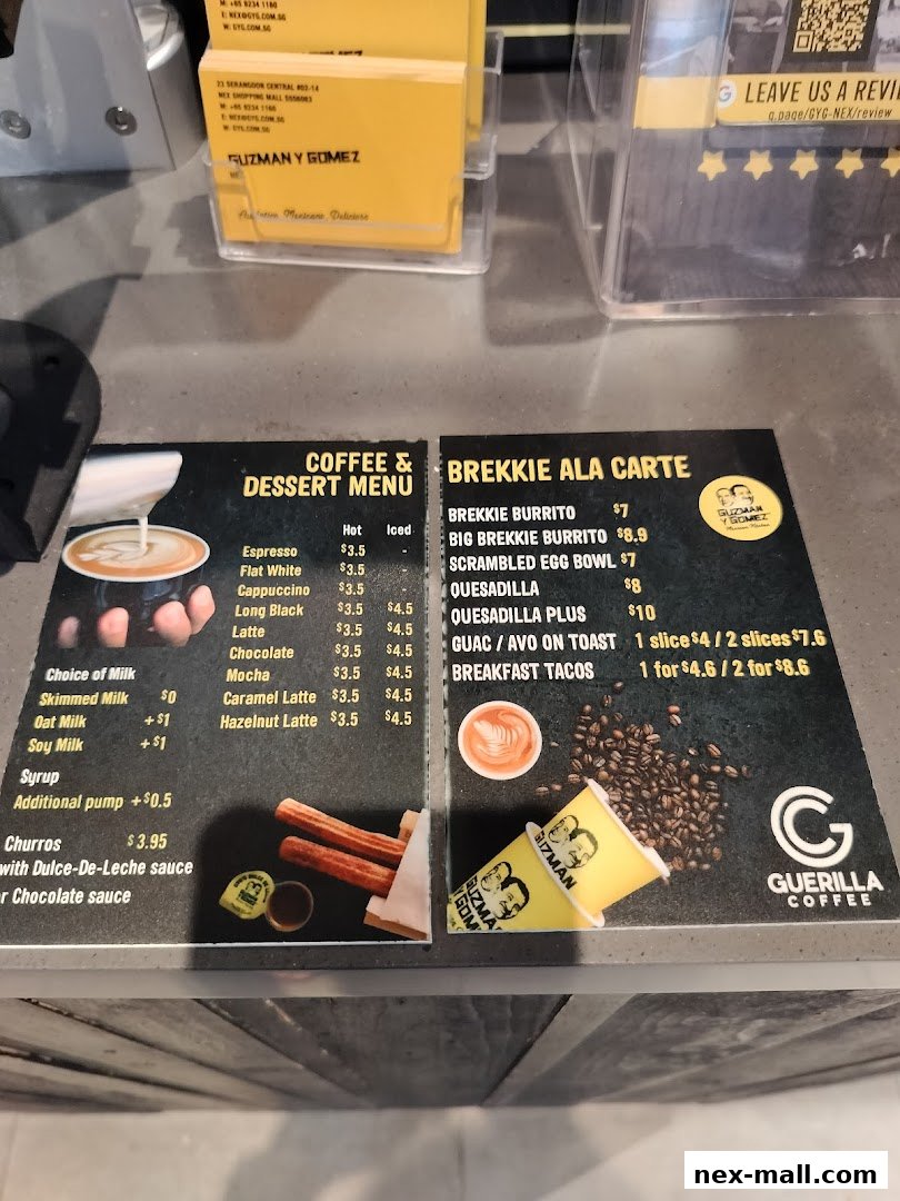 A menu for Guzman y Gomez featuring coffee, desserts, and breakfast items.