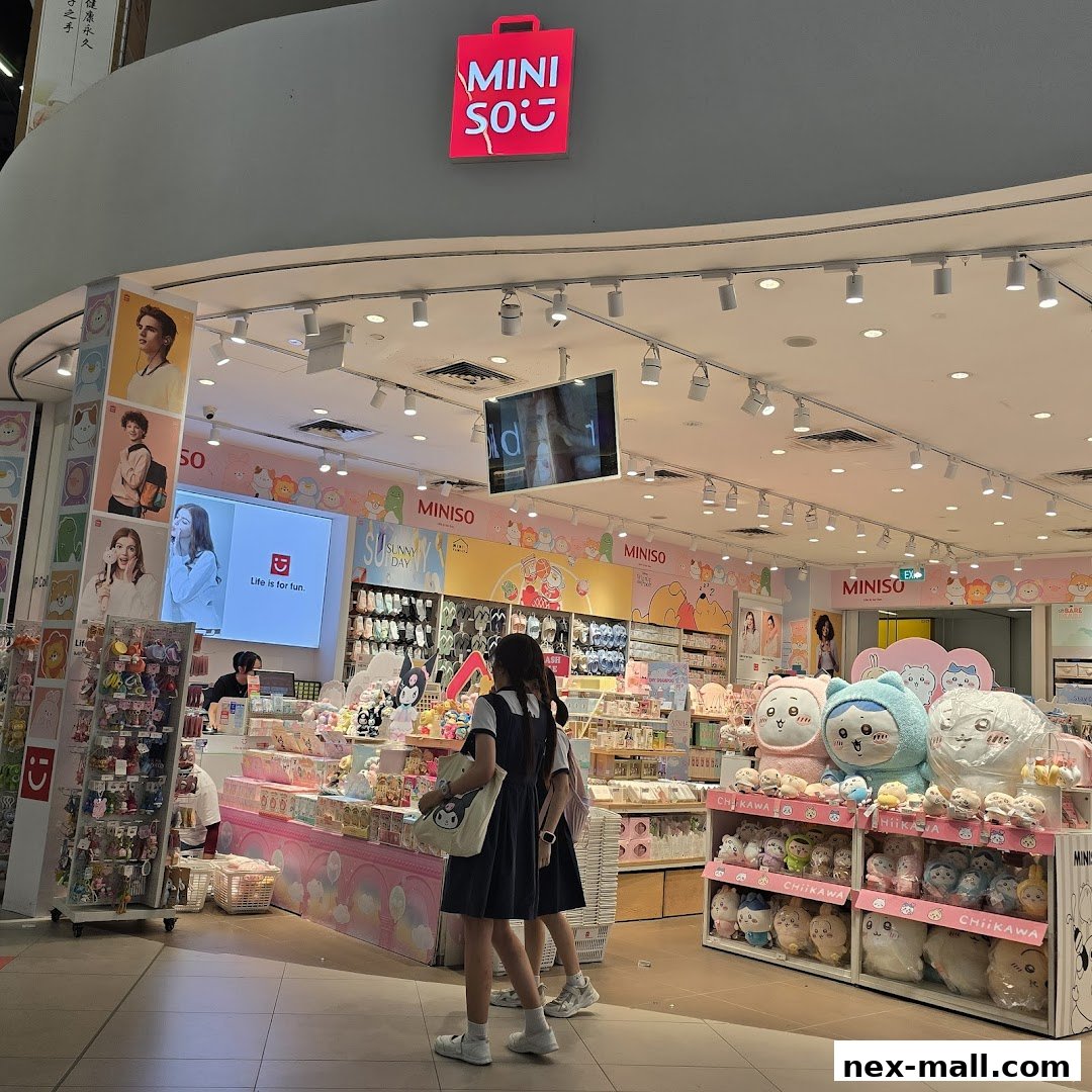 The interior of a brightly lit MINISO store filled with plush toys and various merchandise.