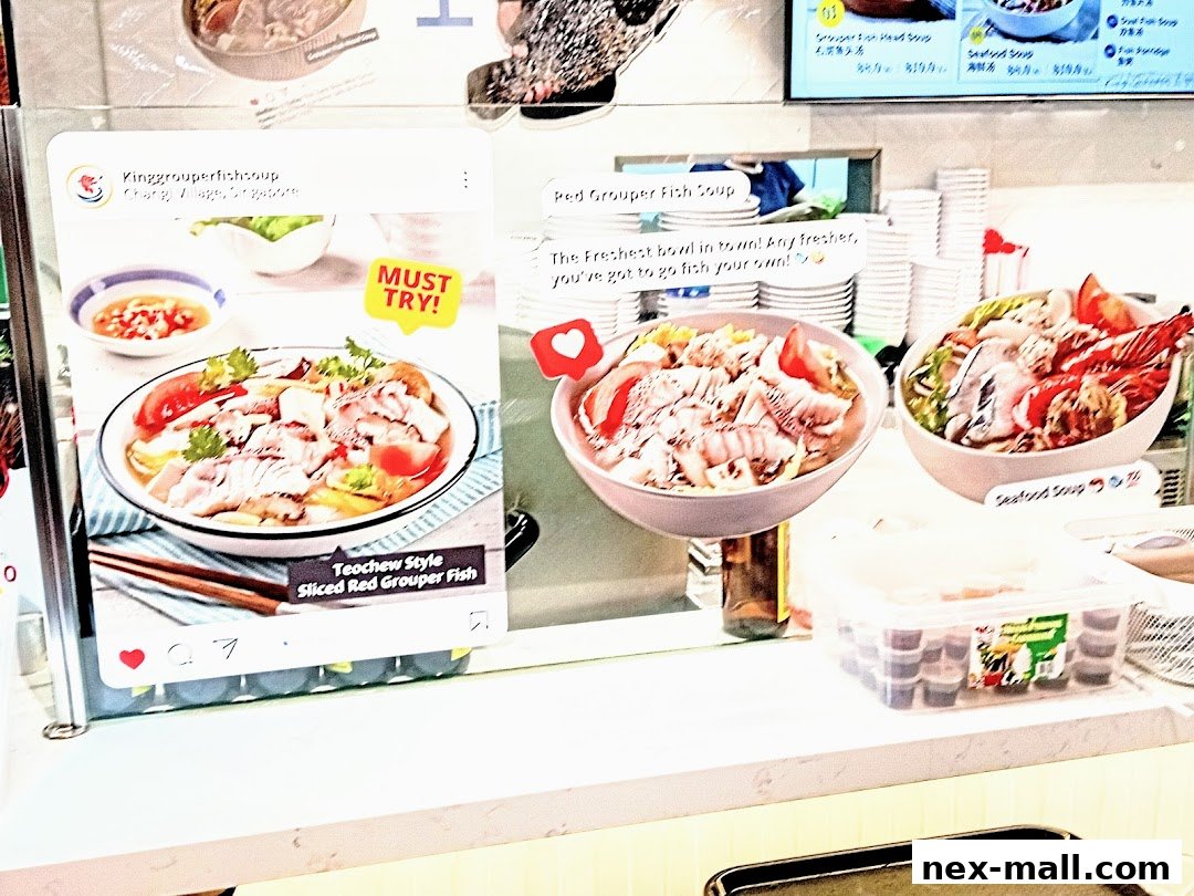 Display of delicious fish soup dishes with promotional text and social media-style graphics.