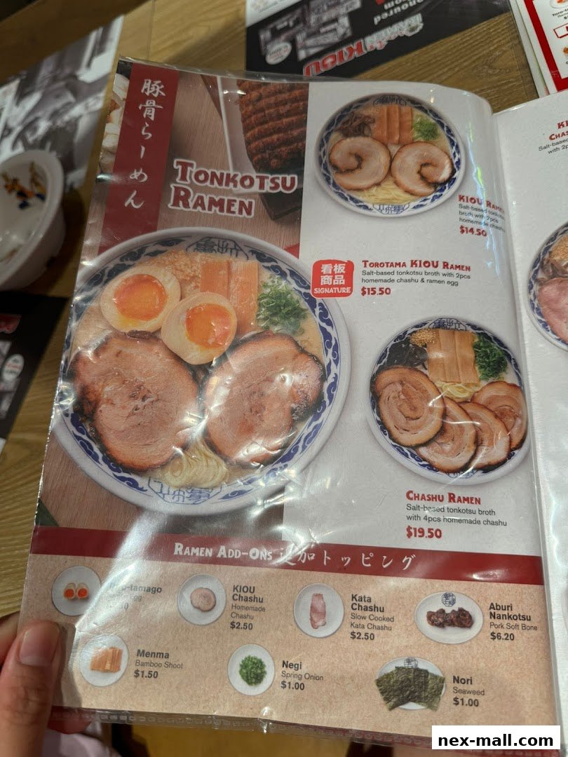 A menu page showcasing various ramen dishes and add-ons with appetizing photos.