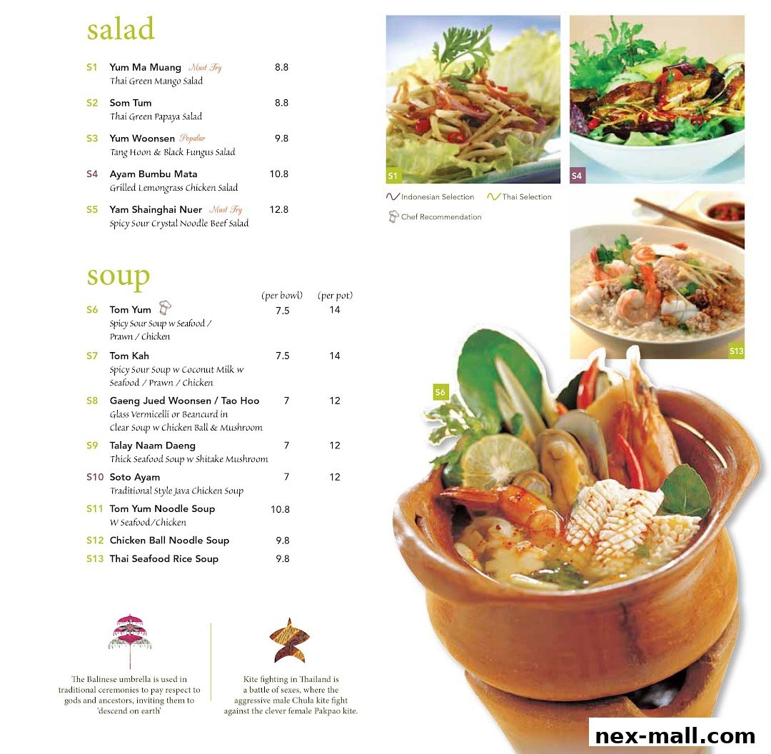 A menu page for Bali Thai NEX featuring salads and soups with accompanying images.