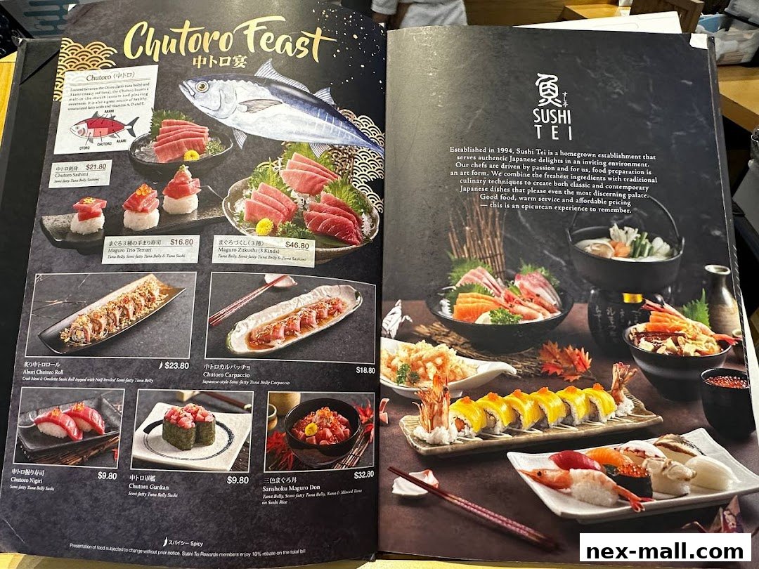 A menu from Sushi Tei featuring various tuna dishes, sushi rolls, and sashimi.