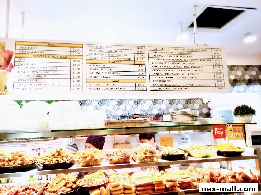 A menu board displaying various rice, vegetable, seafood, and meat dishes with prices.