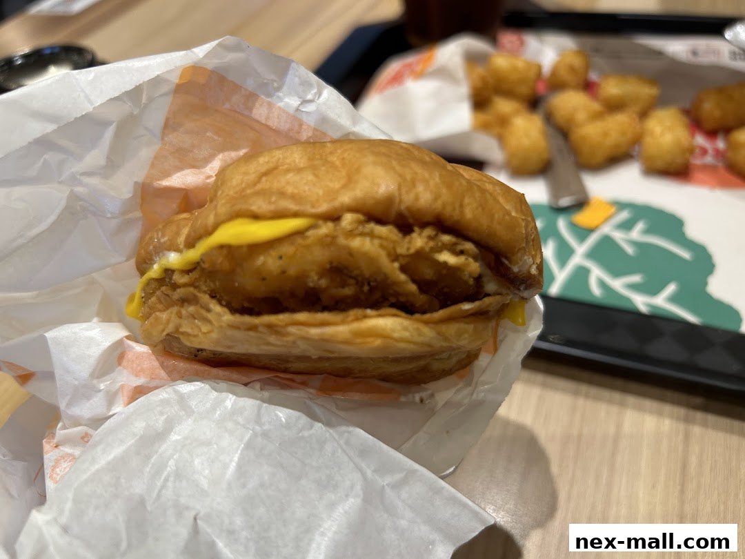 A close-up of a crispy chicken sandwich with melted cheese, served with tater tots.