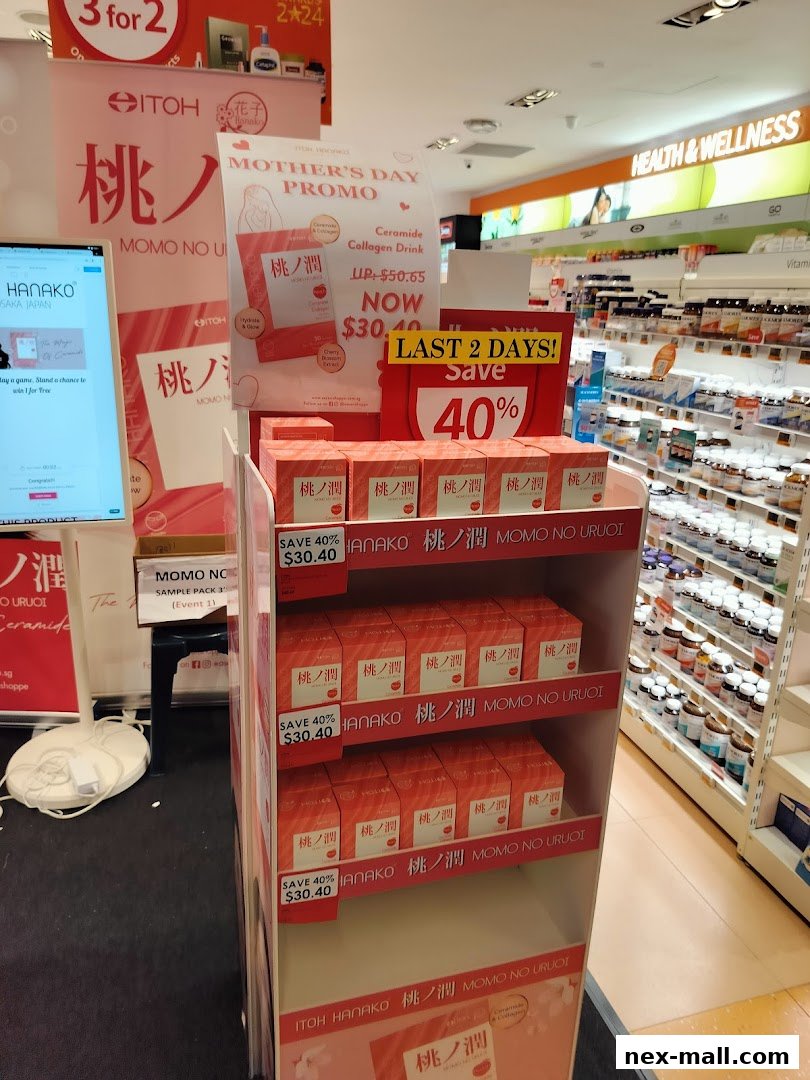 A display stand promoting a Mother's Day sale for a collagen drink.