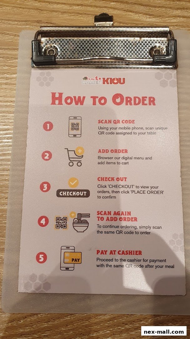 A guide on how to order at Ramen Kiou, detailing steps from scanning a QR code to payment.