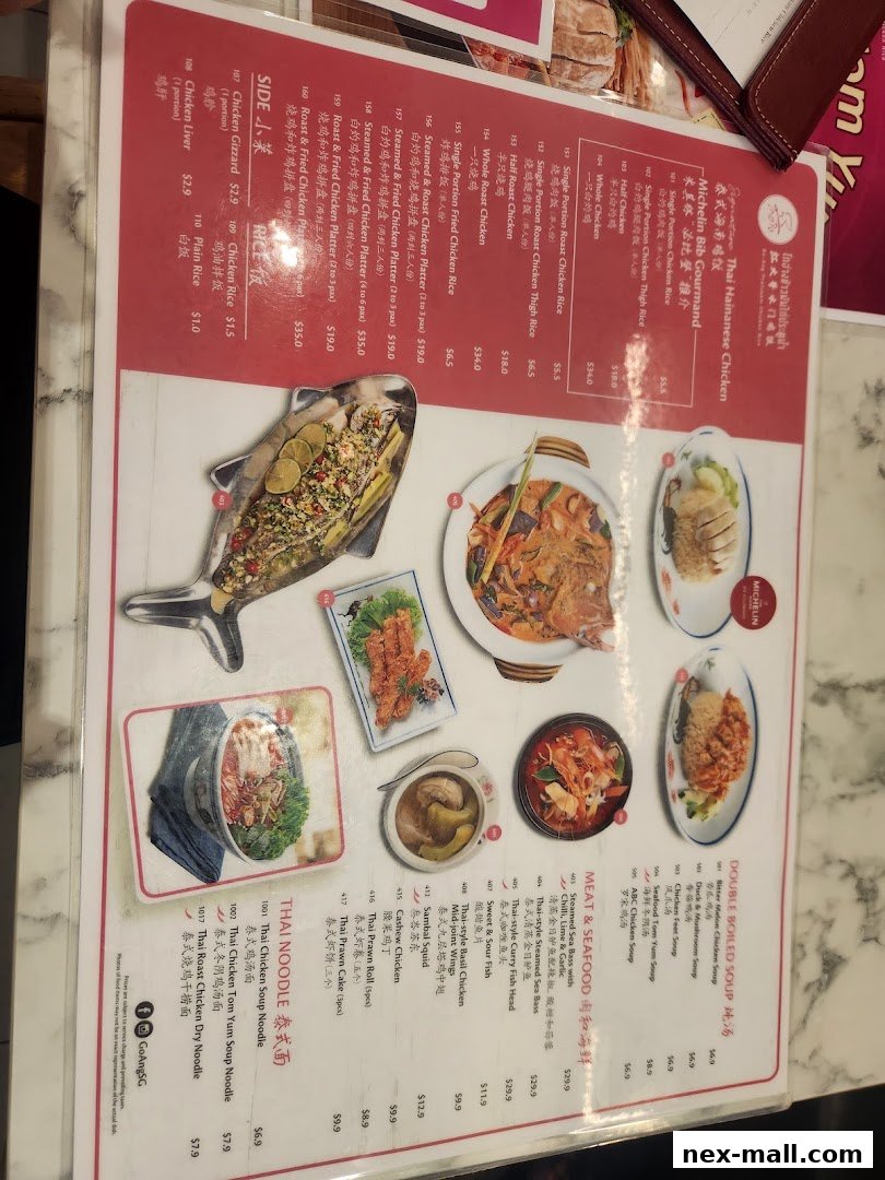 A menu from Go-Ang Pratunam Chicken Rice featuring various chicken dishes, soups, noodles, and seafood.