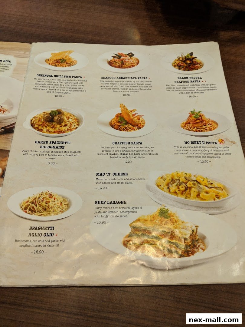A menu page from Swensen's featuring various pasta dishes and beef lasagna.