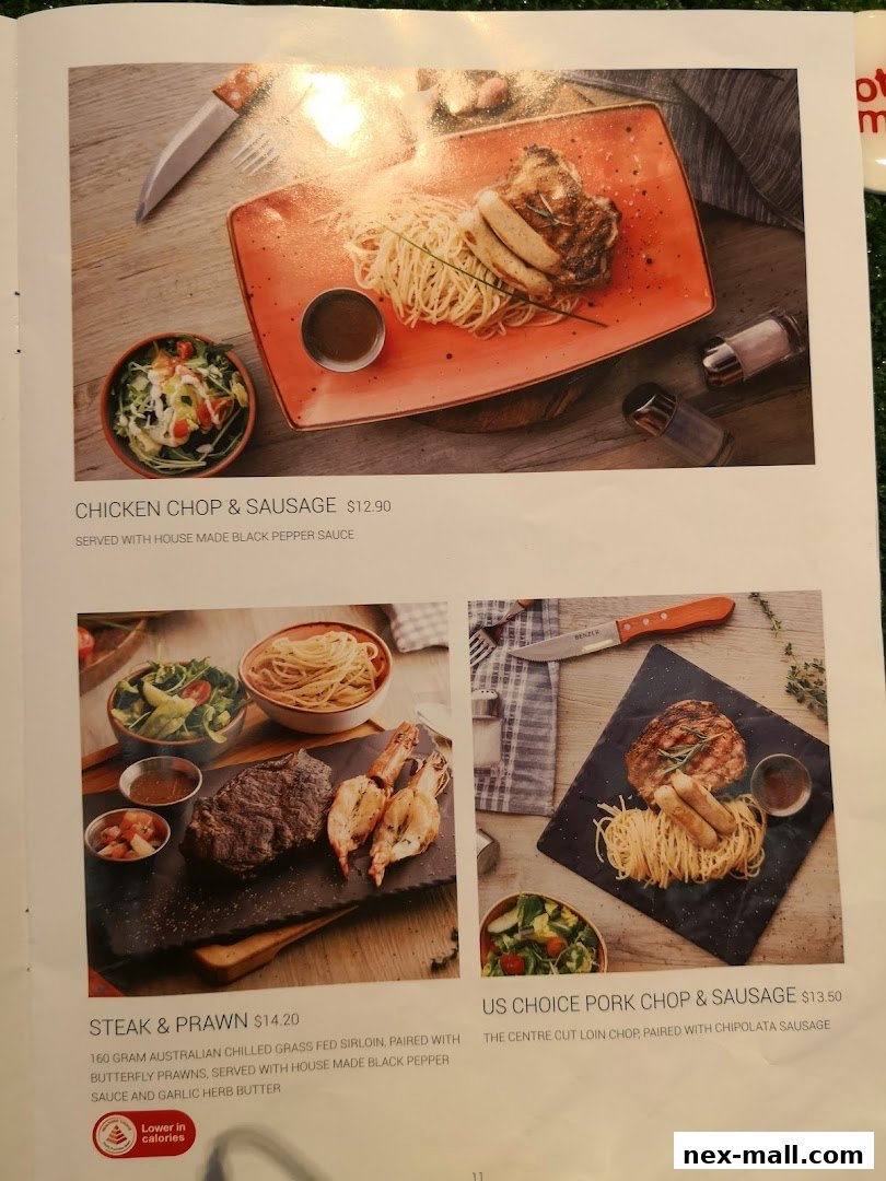 A menu page showcasing three main course dishes with accompanying sides.