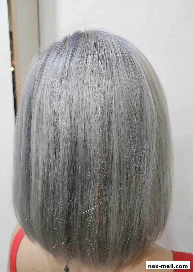 A close-up of a person's back with stylish, ash-grey bob haircut.