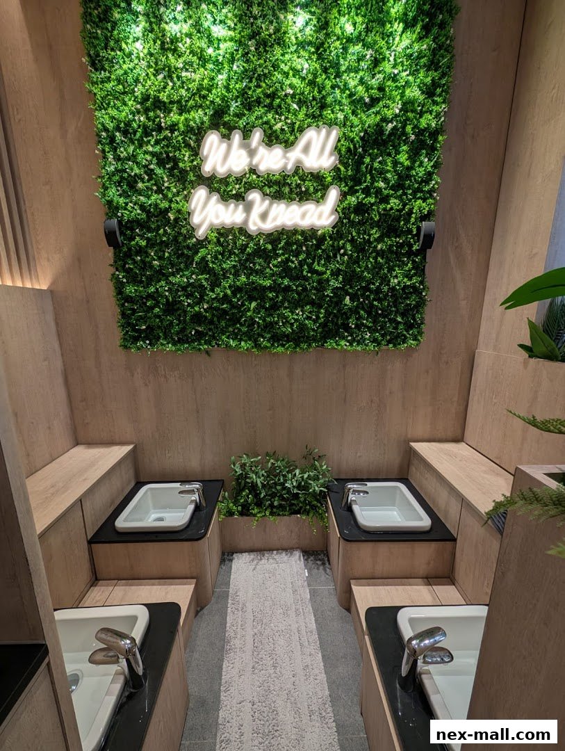 Interior view of a reflexology spa with foot baths and a green wall.