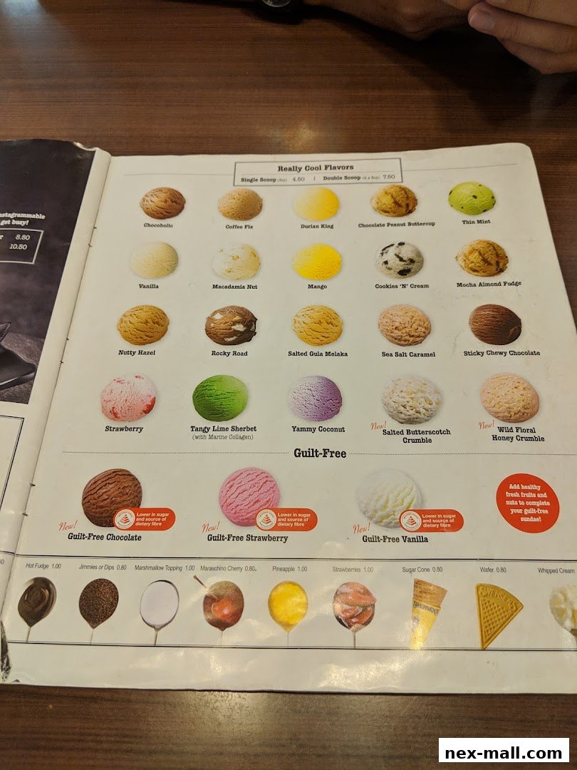 A menu showcasing a variety of ice cream flavors and toppings with prices.