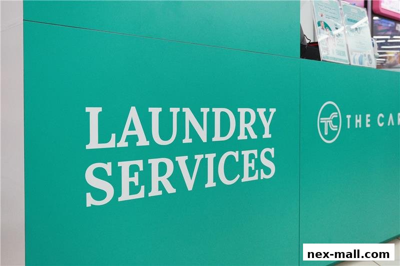 A teal counter with white text reading 'LAUNDRY SERVICES' and the logo 'THE CARE'.