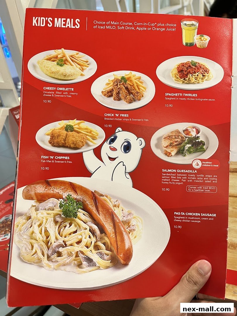 A menu page showcasing Swensens' Kid's Meals with various pasta and chicken dishes.