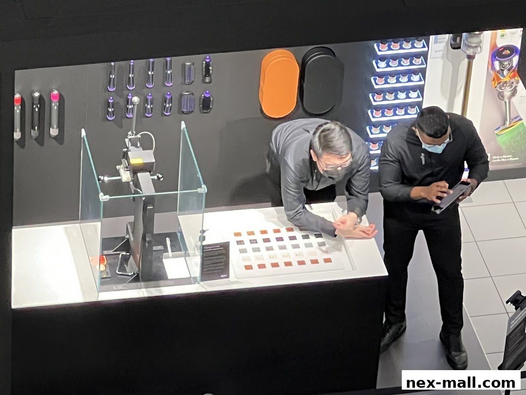 Two staff members assist customers at a Dyson store, showcasing products and technology.