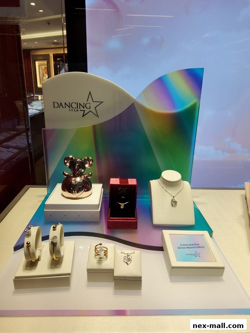 A jewelry display featuring rings, necklaces, and bracelets with a 'Dancing Star' theme.