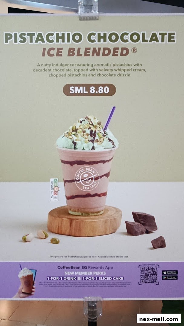 A promotional image for The Coffee Bean & Tea Leaf's Pistachio Chocolate Ice Blended drink.