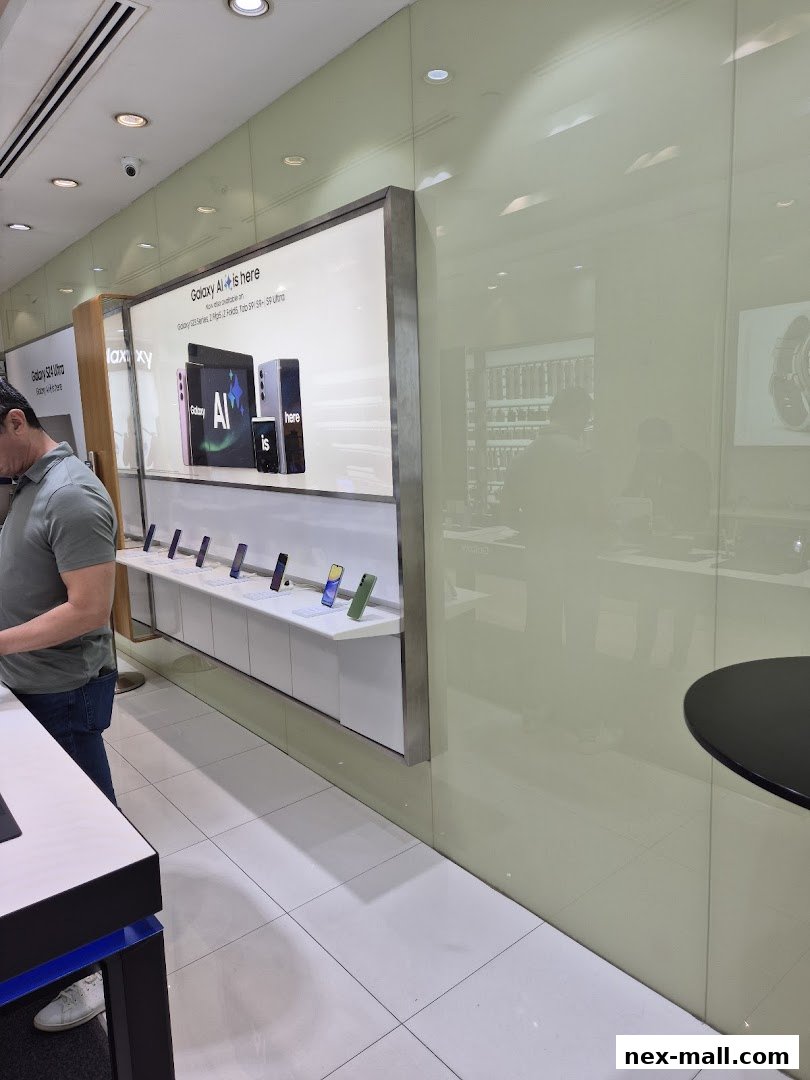 Interior of a Samsung store showcasing new Galaxy phones with AI features.