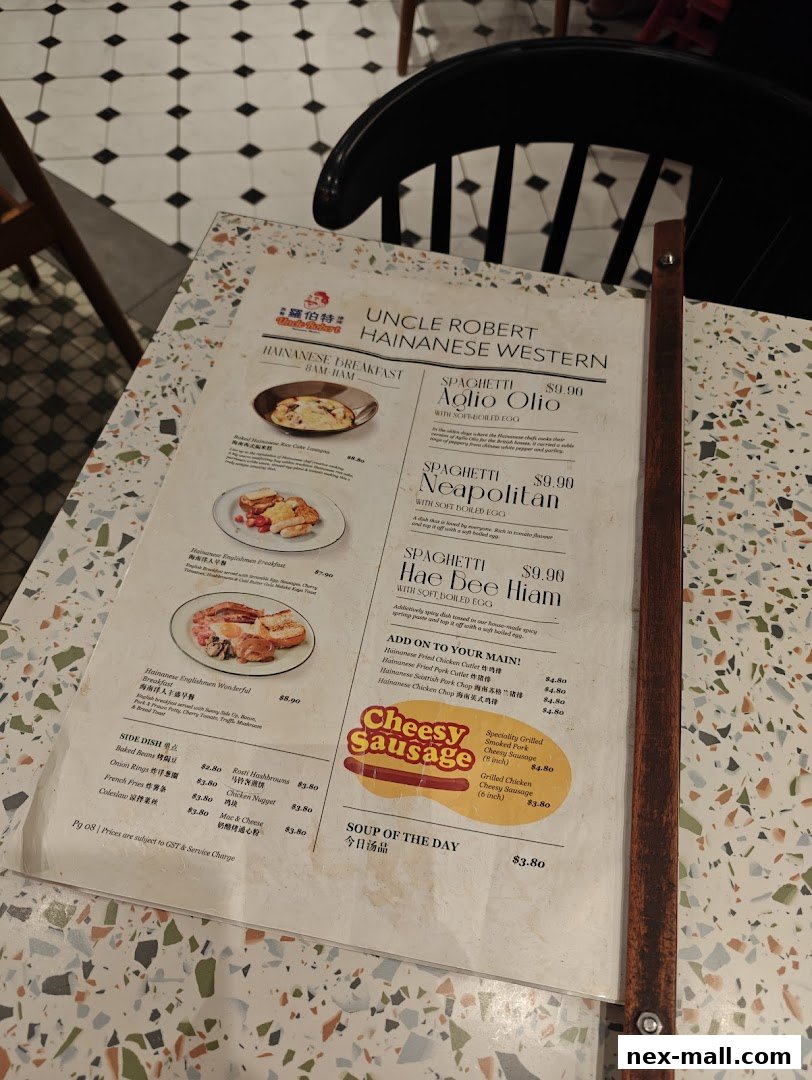 A menu from Uncle Robert Hainanese Western featuring breakfast, pasta, and side dishes.