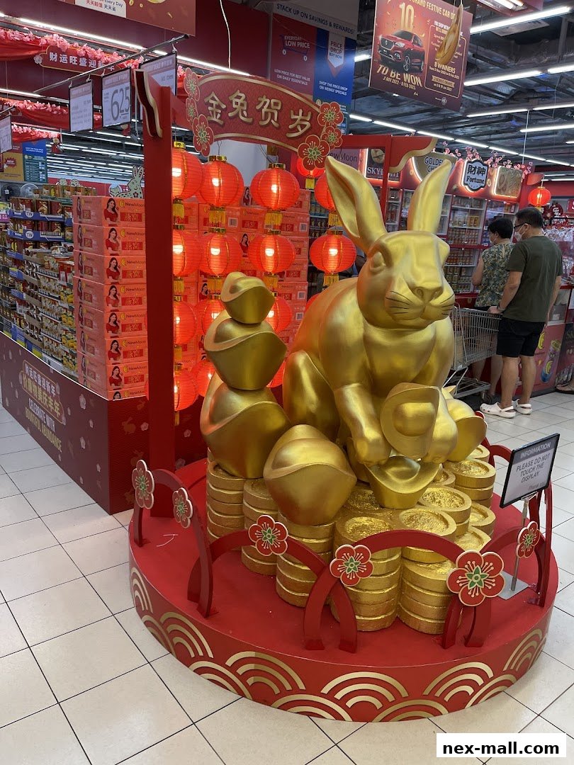 A festive display featuring a large golden rabbit surrounded by gold ingots and red lanterns.