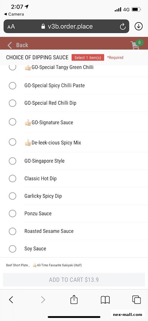 A mobile screen displaying a list of dipping sauces for a Japanese food order.