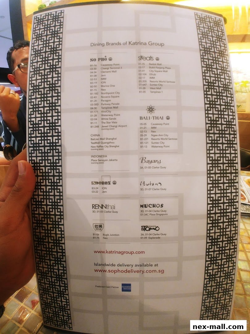 A menu listing dining brands of Katrina Group, including So Pho, Streats, Bali Thai, and others.